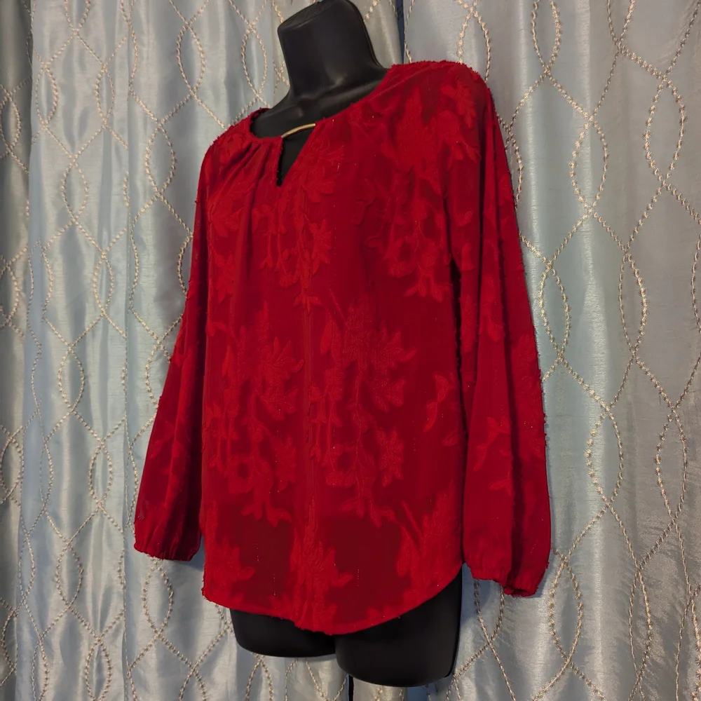 Liz Claiborne Red Floral Women's Semi Sheer Blouse W/ Tank Top - Petit Small - Picture 2 of 4